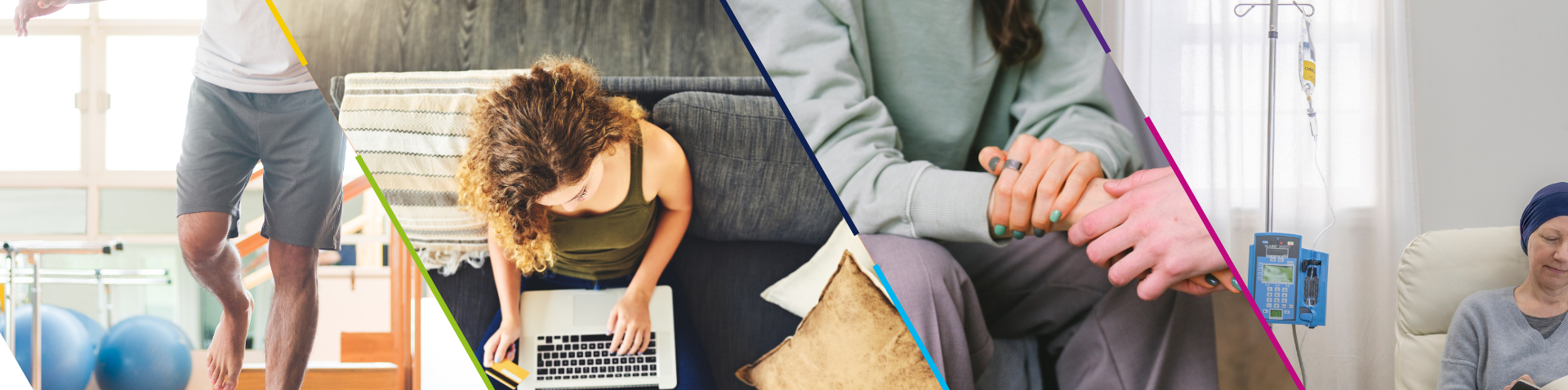 Four diagonal pictures. One of a man doing exercise, one of a woman on a laptop, one of a therapy session, and another of a woman receiving chemotherapy